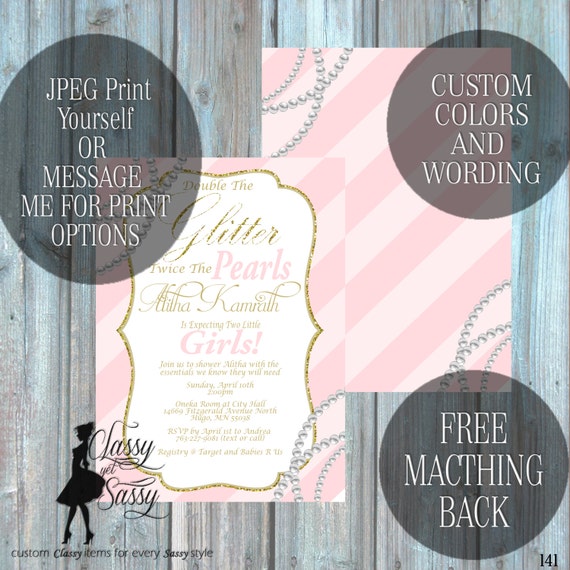 Twin Girls Baby Shower Invitation, Double the Glitter Double the Pearls Glitter Baby Shower 141