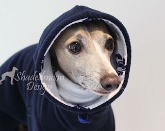 Italian Greyhound - SHADEDMOON DESIGN - Navy Jammies with Anchor Print jersey lined Snood/Neck Warmer - IMPORTANT - see - 'Item Details'