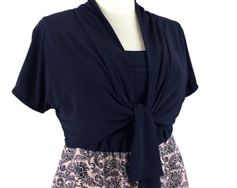 Navy Plus Size Bolero / Cute bolero jacket w/ short kimono style and tie front / Trendy shrug / Plus size clothing xl - 1x - 2x - 3x - 4x