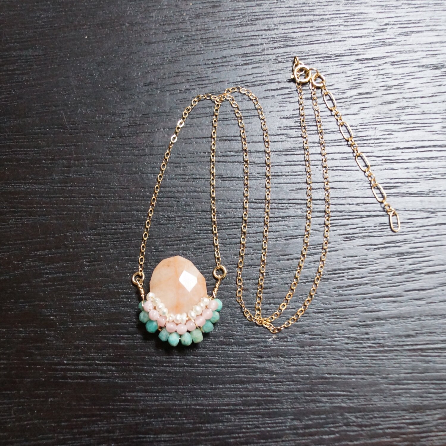 Small gemstone pendant necklace peach pink