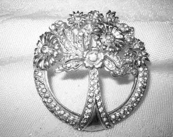 Vintage 40s Art Nouveau Rhinestone Brooch Rhodium Plated