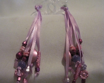 Hair Clips with Ribbons and Beads....set of 2....hand made...clear /Lavender