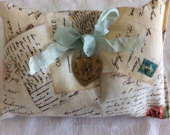 French Lavender Sachet Pillow, Carte Postale, Large Brass Heart (#1327)