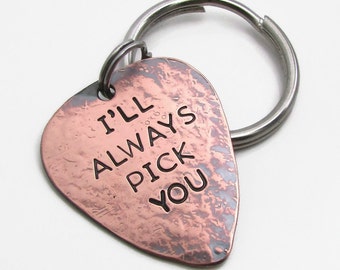 Mens Personalized Guitar Pick KeyChain, Engraved Mens Gift, Personalized Copper Hand Stamped Guitar Pick, Mens 2 sided pick Key Chain