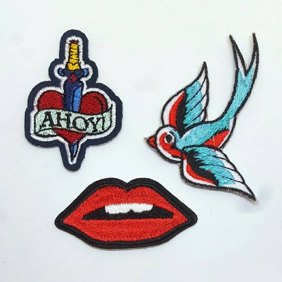 set of 3 sailor tattoo style embroidered applique patches iron on set of 3 sailor tattoo style embroidered applique patches iron on