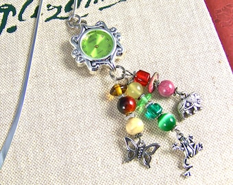 Stopped Watch Bookmark - Emerald Faced Watch Head / Silver Plated Pewter and Mixed Media Beads in Mauve, Green & Amber - Shepherds Hook