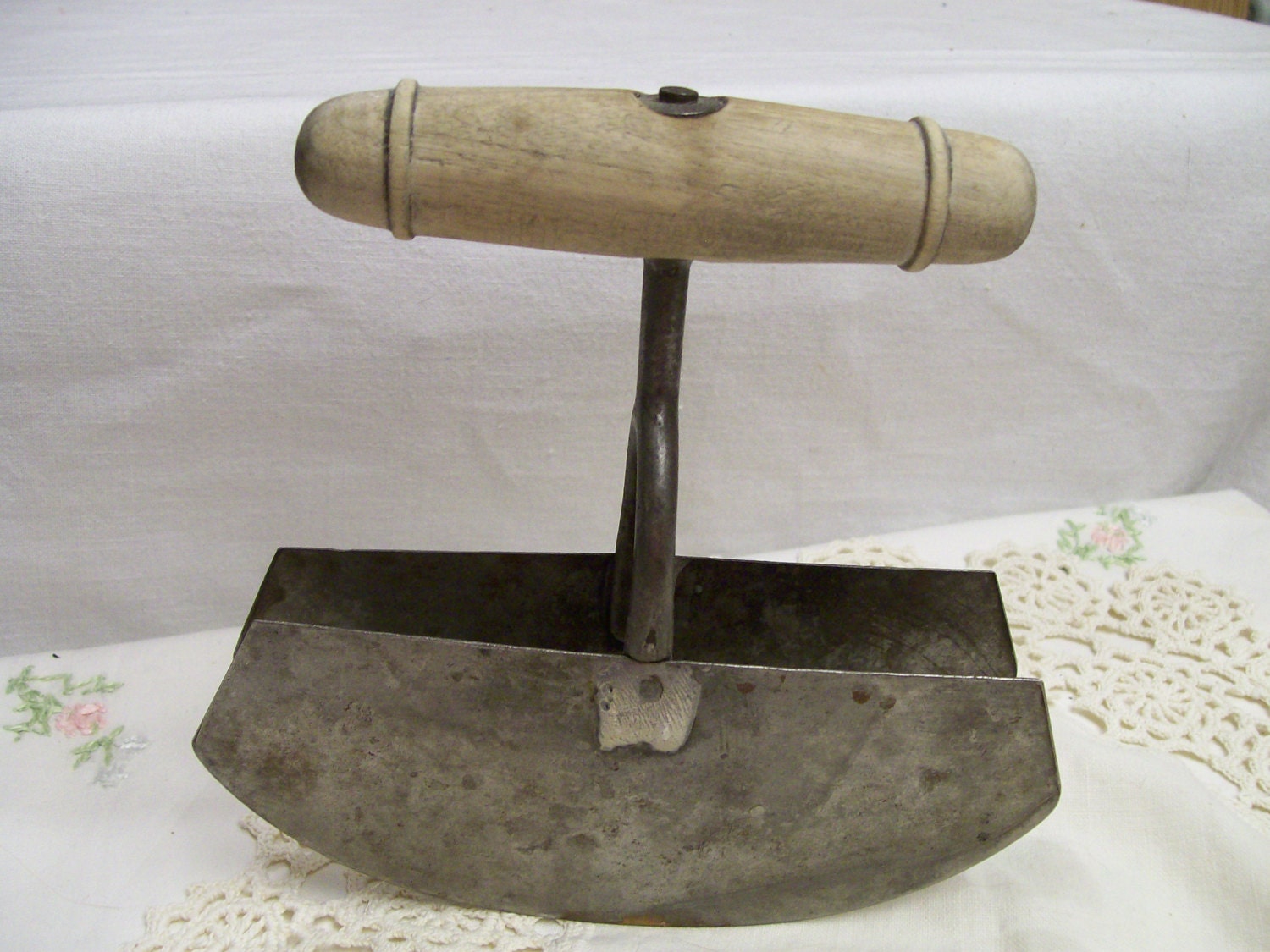 Primitive Food Chopper Antique with Wood Handle Metal Double