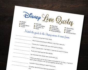 Disney Quote Match Blue and Gold Printable Bridal Shower Game Instant Download File