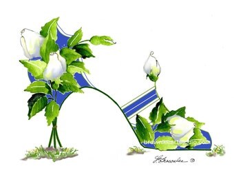 NEW - White Rose and Cobalt Blue Shoe 2006-2016 Print - Signed & Enhanced with Paint. Free Shipping