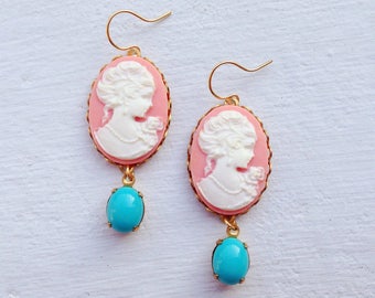 Coral Earrings/Pink Coral Earrings/Cameo Earrings/Bridesmaid Earrings/Turquoise Earrings/Turquoise & Coral Earrings/Mother's Day Gift