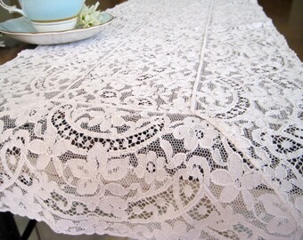 Vintage Antique Lace Table Runner, White Floral, Dresser Scarf, Nineteenth Century 40.5" x 11"