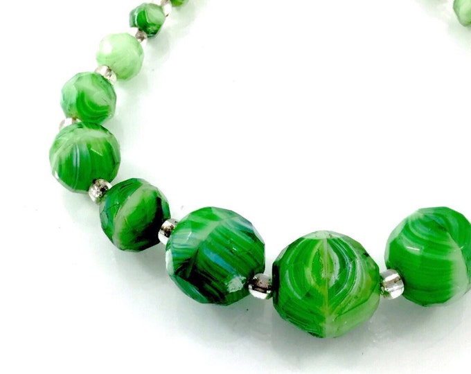 Rare Antique Czech Peking Glass Necklace. Molded Striped Green Glass Czech Necklace, emerald green glass. Unsigned Czechoslovakian bead.