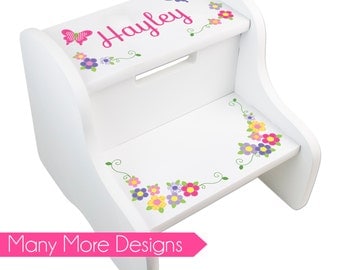 Personalized Step Stool for Girl's Custom Stepping Stools Toddler Two Step White new born baby shower gift for child's nursery girl FIXE-whi