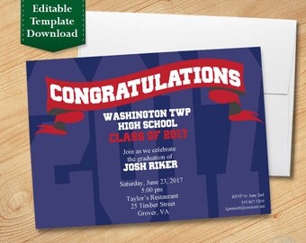Blue and Red Graduation Invitation Template, High School Graduation Invitation, College Graduation Invitation, Graduation Party 2017