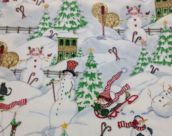 Snowman Christmas fabric, Christmas flannel, Christmas trees, Sleigh riding snowmen, Candy cane snowmen, by the yard