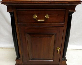 Vintage Antique Mahogany Nightstand Night Stand Bedside Bed Cabinet Sheraton Regency Style with Ornate Black Painted Columns American Made