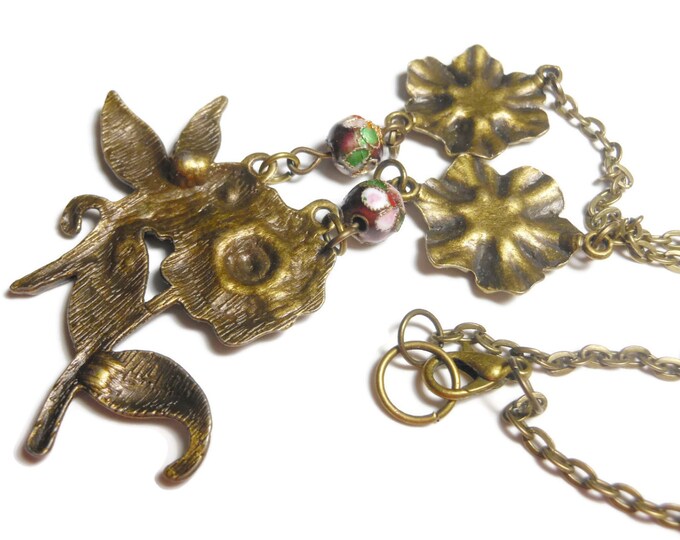 FREE SHIPPING Hummingbird necklace handmade, antiqued bronze flower hummingbird, red floral cloisonne beads and antiqued bronze flower links