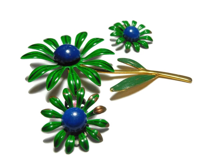 FREE SHIPPING Floral brooch and earrings, 1960s green brooch and clip earrings, green blue enamel daisies, gold tone stem, hip mod flowers