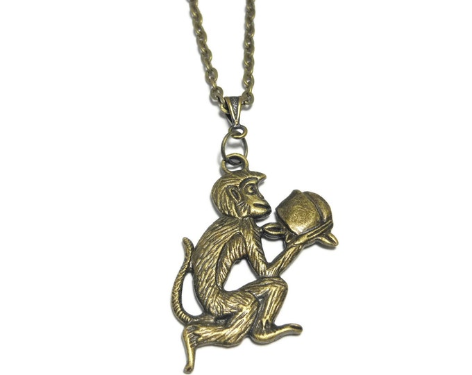 FREE SHIPPING Antiqued brass monkey necklace, bronze link chain, simple fun necklace, year of the monkey