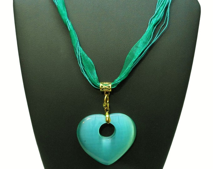 FREE SHIPPING Teal glass heart necklace, handmade cat's eye glass necklace, green heart pendant, organza ribbon and cord, gold finish