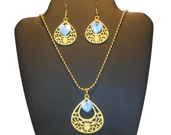 FREE SHIPPING Necklace earring set, gold open teardrop, cutout design, mother of pearl hearts, gold plated french hooks, blue or pink
