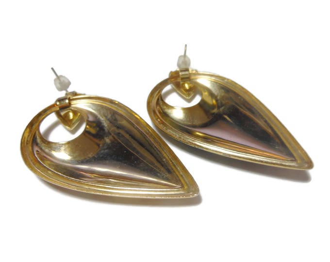 FREE SHIPPING Swirled enamel earrings, teardrop shape, color swirl finish, mod pierced earrings, marble effect, gold tone