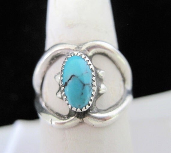 Sterling Turquoise Ring - Sand Cast - Turquoise Stone - Size 8 - Vintage Ring