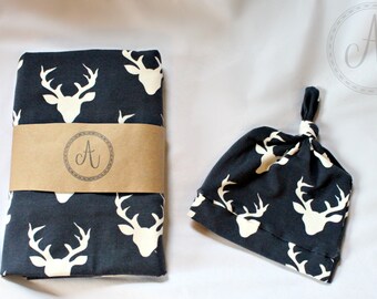 Navy Deer Head Swaddle and Hat Set, Navy Buck, Baby Blanket, Nursing Cover, Woodland Creatures, Newborn Baby Boy, Boy Swaddle, Newborn Prop