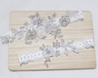 Silver lace garter set, wedding garter set, bridal garter set, lace garters, wedding garter, sequin garters