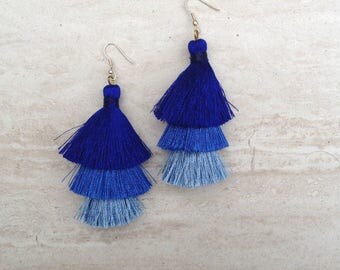 Silk Tassel Tiered Earrings Blue Ombre Combo Tassle Earrings Festival Tassel Earrings Tassle Earings BOHO Earrings Summer Jewelry