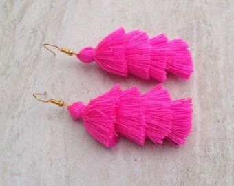 Long Hot Pink Tassel Earrings Layered Pink Tassle Earrings Pink Tassel Drop Earrings Summer Jewelry 3" Tassel Earrings