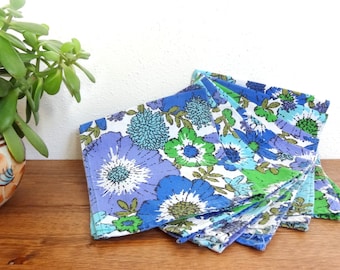 60's Vintage Floral Cloth/Fabric Napkins Set of 6 Blue & Green
