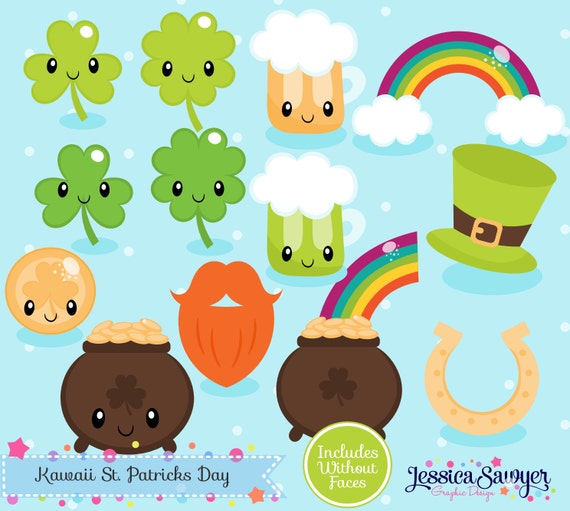 INSTANT DOWNLOAD Kawaii St. Patricks Day Clipart and Vectors