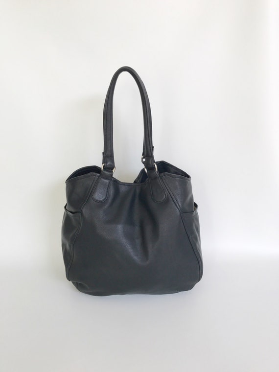 Black Leather Tote Bag with Pockets Large Purse Shoulder