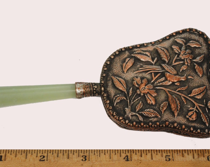 Flower Hand Mirror - Copper plated metal - Jade Green Glass Handle - Floral bird design - Vintage Vanity accessory