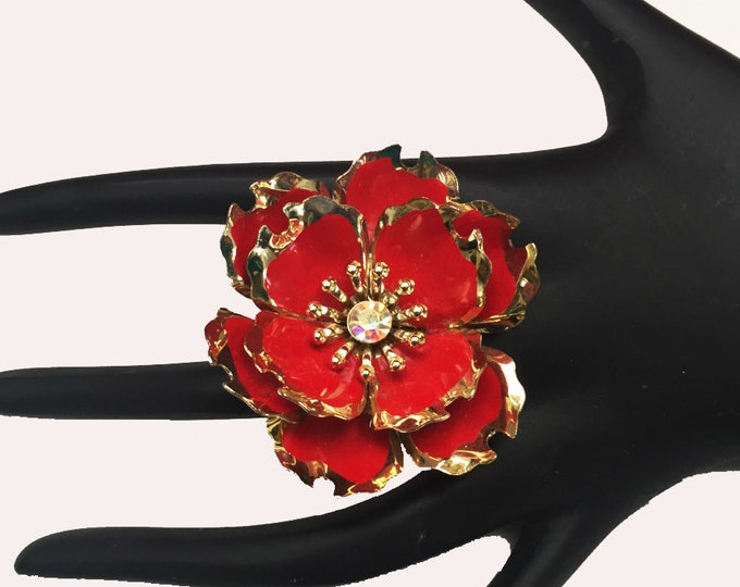 Red Enamel Flower Brooch - Rhinestone - Gold -mid century floral pin