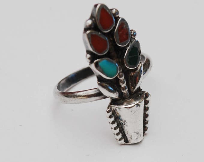 Gemstone Inlay Flower Ring - Silver floral - turquoise,coral - carnelian - size 5 ring