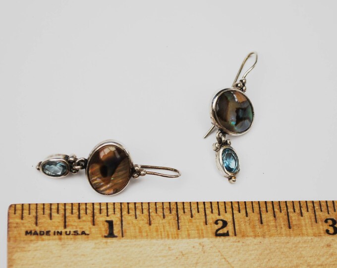 Abalone Sterling dangle Earrings- Blue open back glass - Drop pierced earrings