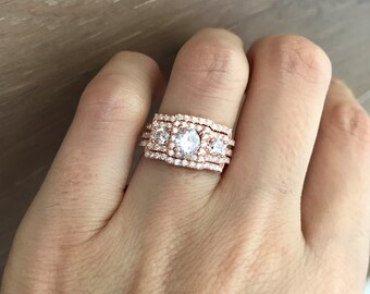 Art Deco Rose Gold Ring Set- Three Stone Engagement Ring Set- Rose Gold Bridal Set Ring- Wedding Deco Ring with Matching Half Eternity Band