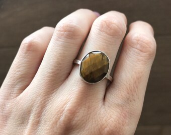 Oval Tiger Eye Ring- Silver Tiger Eye Ring- Faceted Brown Gemstone Ring- Bezel Statement Ring- Solitaire Brown Stone Ring