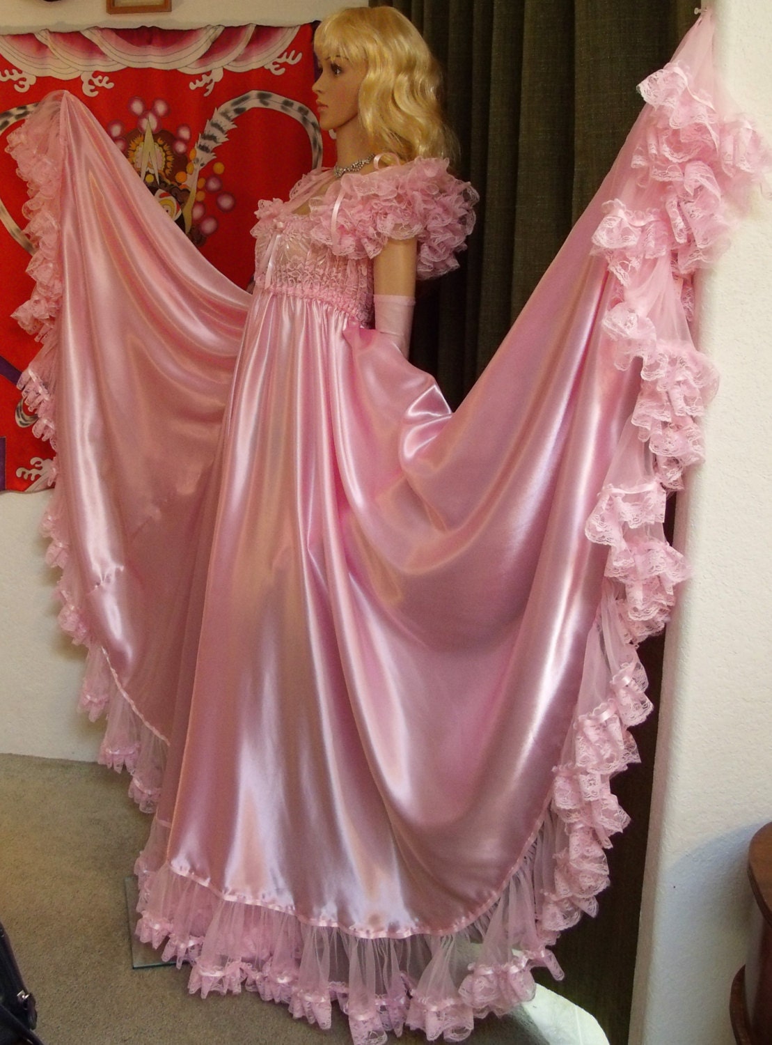 L-3X Sissy Pink Satin Gown Long Lingerie Nightgown Dress