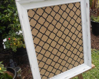 Burlap White Framed Bulletin Board-Framed Memo Board-Corkboard- White Framed Pin Board-Distressed Cork Board - Burlap Bulletin Board
