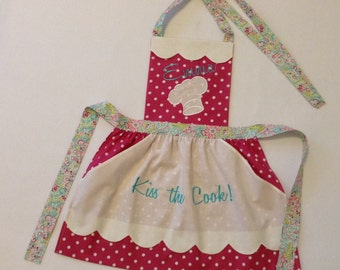 Toddler / Children Apron Personalized Handmade Embroidery Applique Fushia with White Polka Dot With Pockets Using Three Coordinating Fabrics