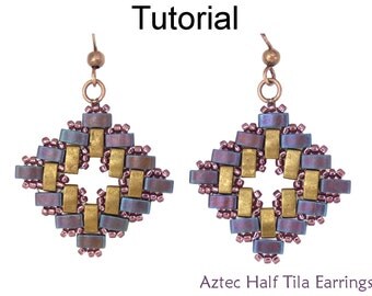 Beading Tutorial Pattern - Square Diamond Earrings - Miyuki Half Tila Beads - Simple Bead Patterns - Aztec Half Tila Earrings #24524