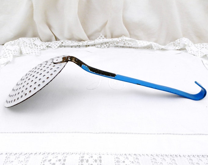 Antique French Blue and White Chippy Enamelware Strainer, French Country Decor, Kitchen, Cooking Utensil, Retro Home, Cooking, Egoutoir