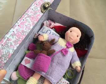 Natural fiber art suitcase doll, 26cm, to order