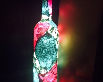Custom Wine Bottle Light, Wine Bottle Lamp, Decoupage Wine Bottle with Lights, Decoupage on Lamp, Lokta Paper, Decorative Wine Bottle