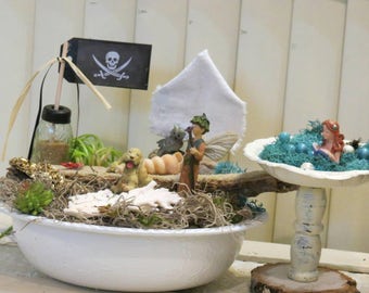 Complete Fairy Garden Kit with Container, Pirate Theme, Handmade Items, Unique. Tasteful and Adorable, FREE shipping