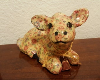 Floral Pattern Calf Figurine Wearing Cowbell