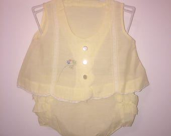 VTG Baby Girl Outfit Yellow Bird Plastic Pants Sz 6M